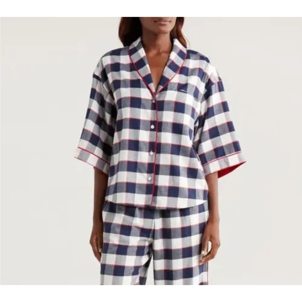 Lunya Pajama Top Women's XL Lightweight Flannel Sleep Shirt Cotton Modal Alpine